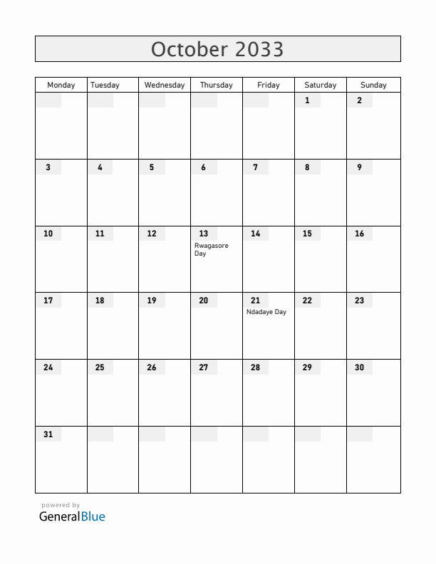 Burundi October 2033 Calendar with Holidays