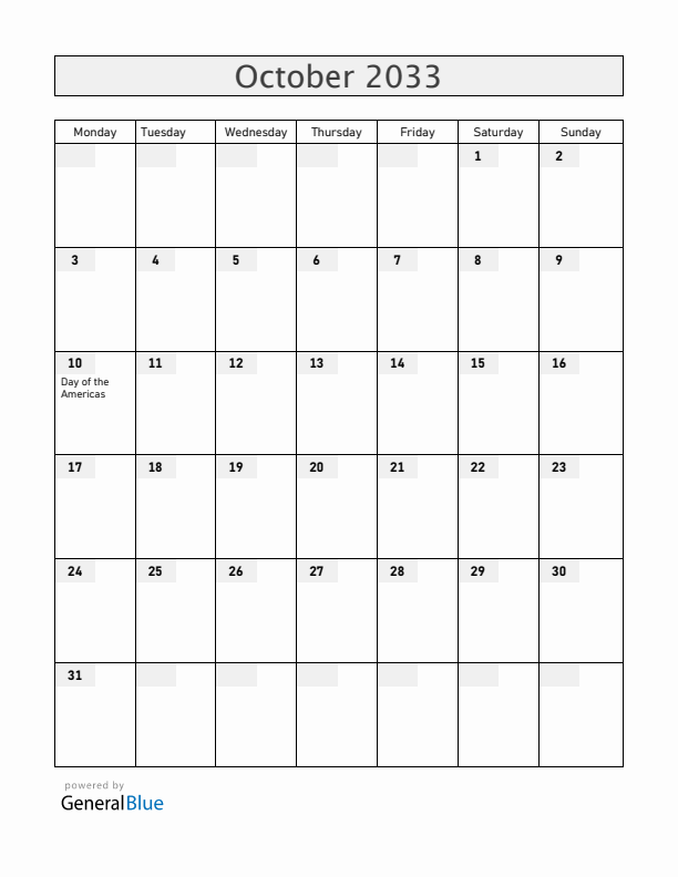 Belize October 2033 Calendar with Holidays