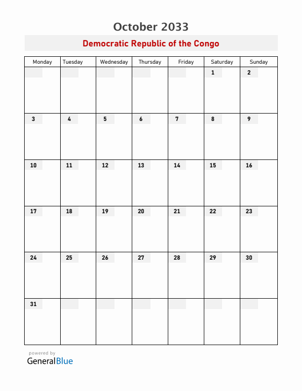 Democratic Republic of the Congo October 2033 Calendar with Holidays