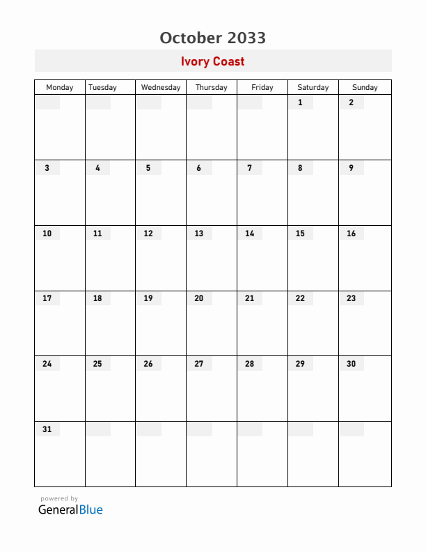 Ivory Coast October 2033 Calendar with Holidays