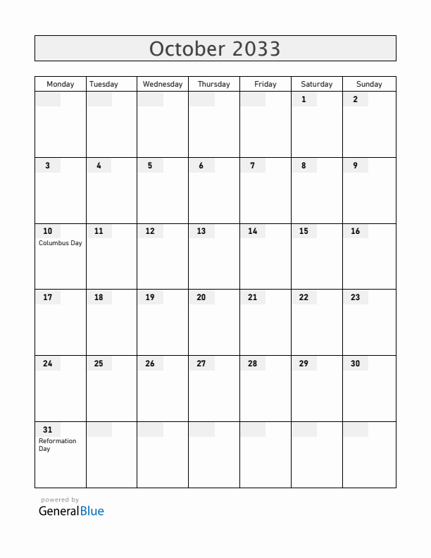 Chile October 2033 Calendar with Holidays