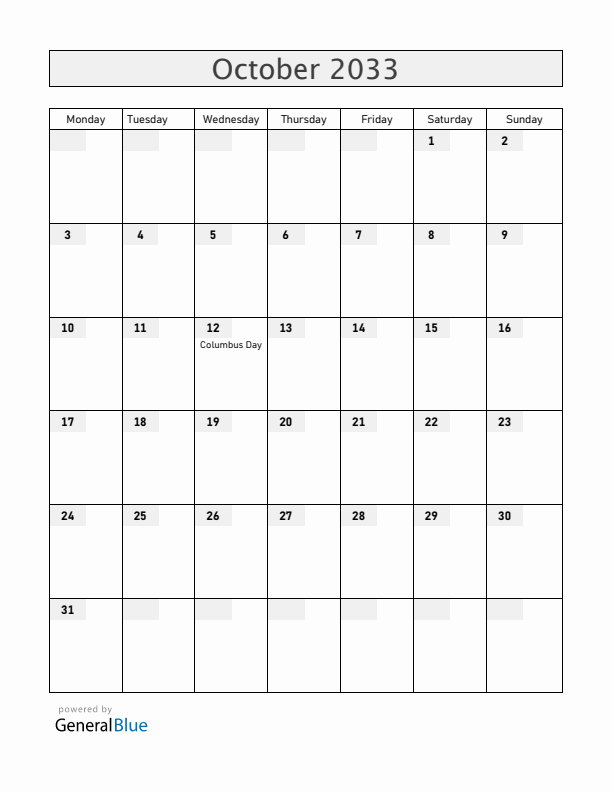 Costa Rica October 2033 Calendar with Holidays