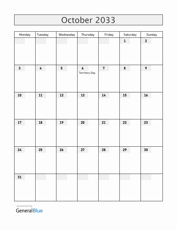Christmas Island October 2033 Calendar with Holidays