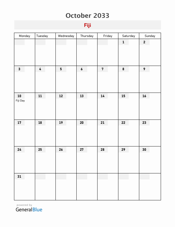 Fiji October 2033 Calendar with Holidays