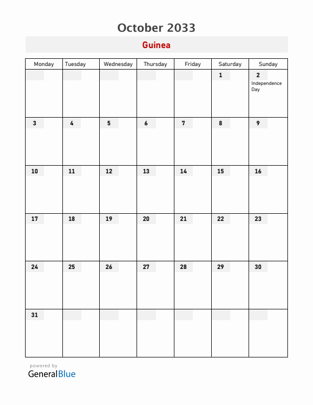 Guinea October 2033 Calendar with Holidays