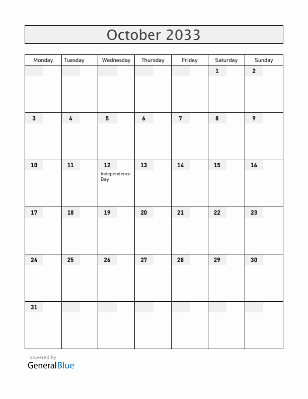 Equatorial Guinea October 2033 Calendar with Holidays