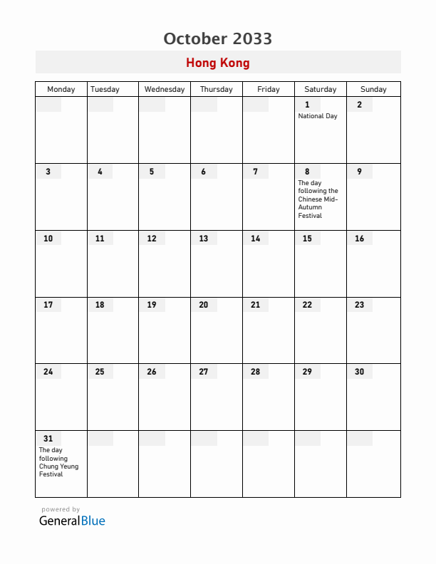 Hong Kong October 2033 Calendar with Holidays