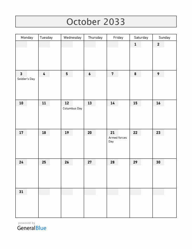 Honduras October 2033 Calendar with Holidays