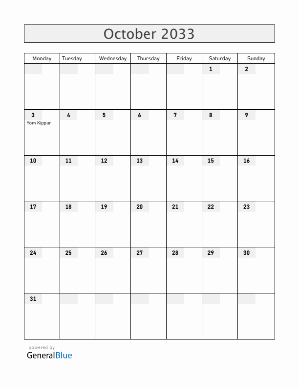 Croatia October 2033 Calendar with Holidays