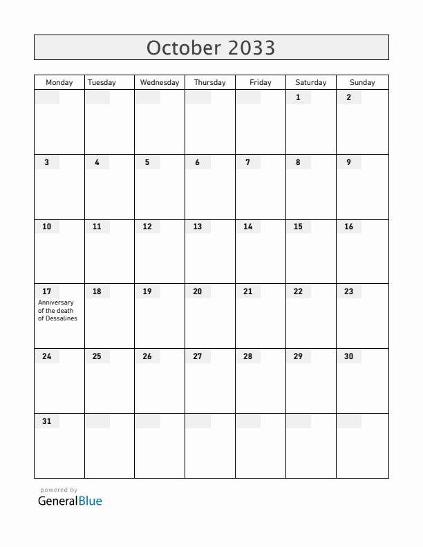 Haiti October 2033 Calendar with Holidays