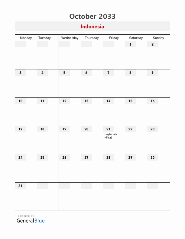 Indonesia October 2033 Calendar with Holidays