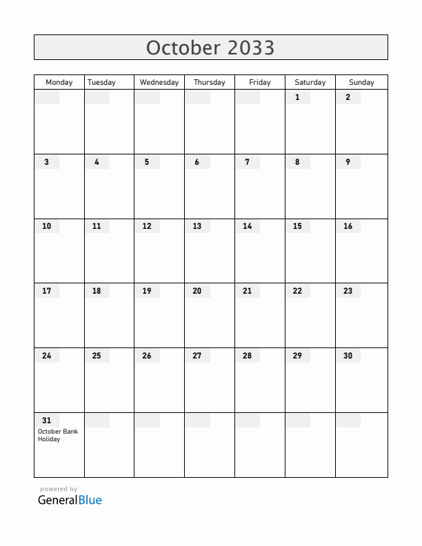 Ireland October 2033 Calendar with Holidays