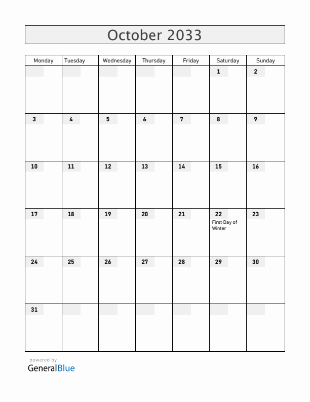Iceland October 2033 Calendar with Holidays