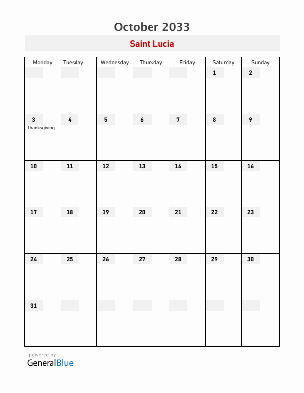Saint Lucia October 2033 Calendar with Holidays