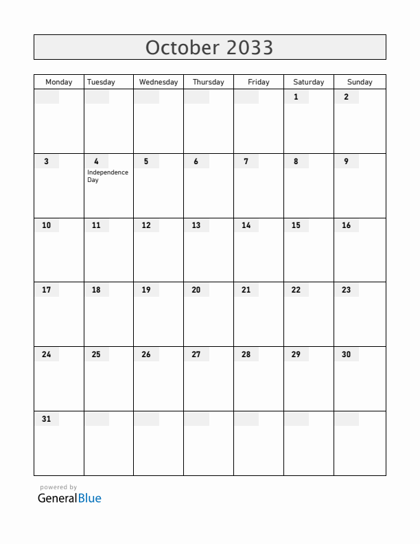 Lesotho October 2033 Calendar with Holidays