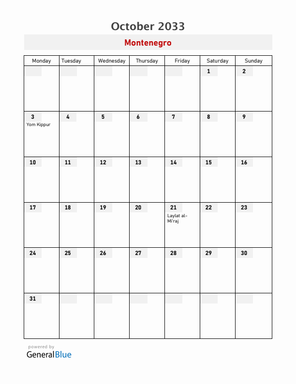Montenegro October 2033 Calendar with Holidays