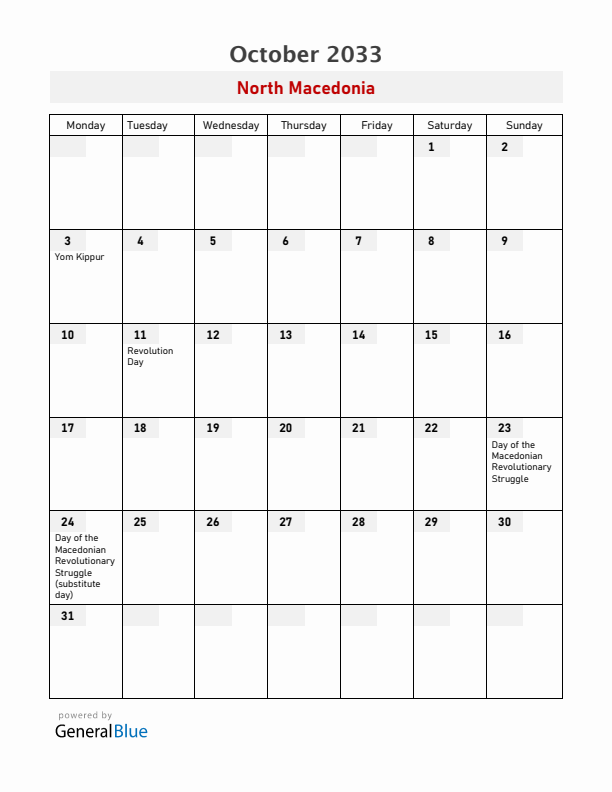 North Macedonia October 2033 Calendar with Holidays