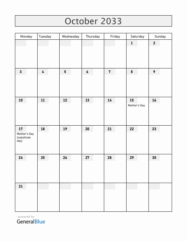 Malawi October 2033 Calendar with Holidays