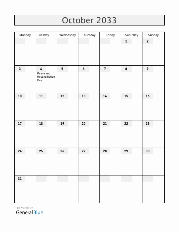 Mozambique October 2033 Calendar with Holidays