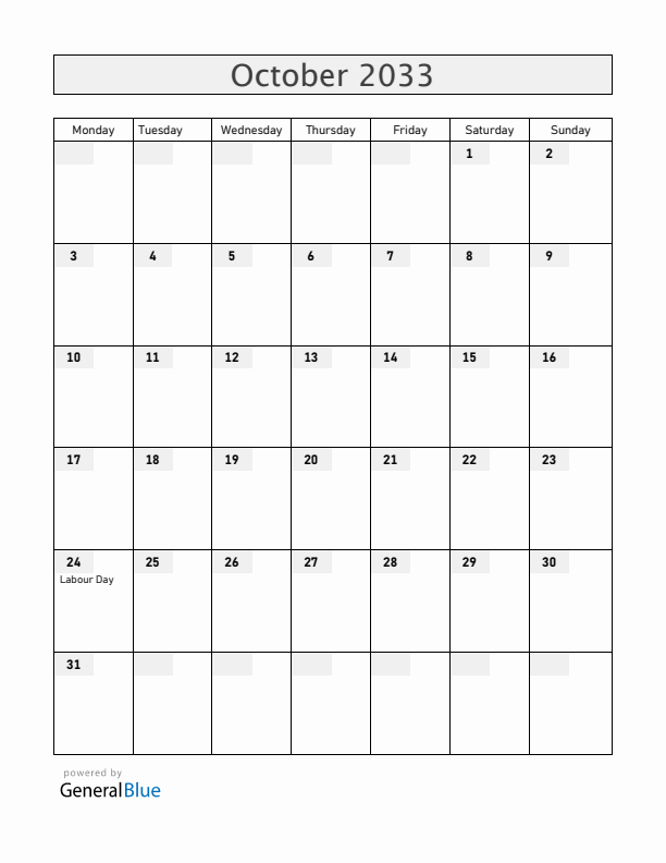 New Zealand October 2033 Calendar with Holidays