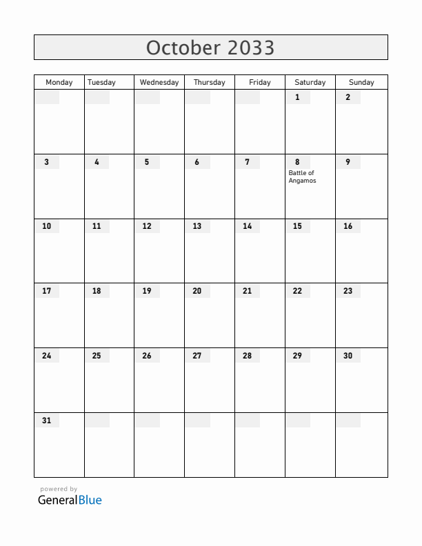 Peru October 2033 Calendar with Holidays