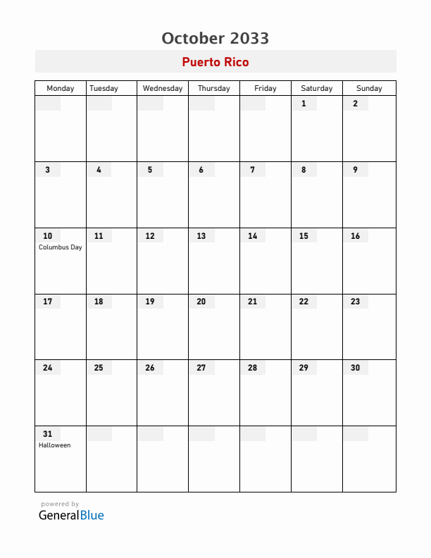 Puerto Rico October 2033 Calendar with Holidays