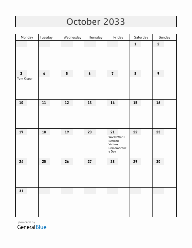 Serbia October 2033 Calendar with Holidays
