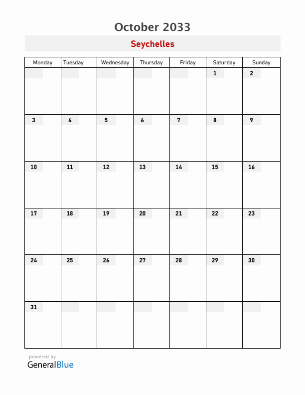 Seychelles October 2033 Calendar with Holidays