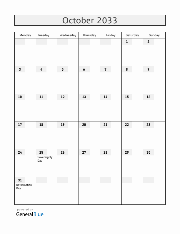 Slovenia October 2033 Calendar with Holidays
