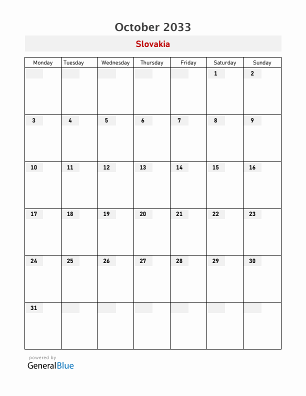 Slovakia October 2033 Calendar with Holidays