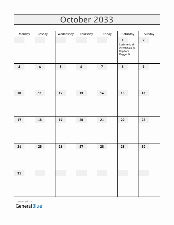 San Marino October 2033 Calendar with Holidays