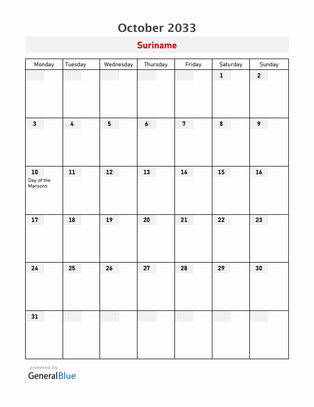 Suriname October 2033 Calendar with Holidays