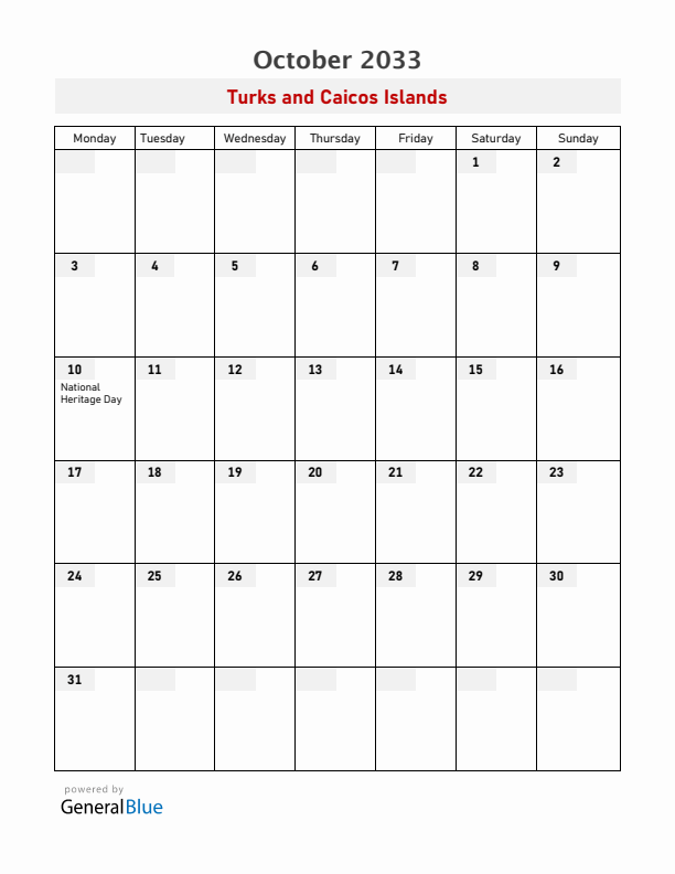 Turks and Caicos Islands October 2033 Calendar with Holidays