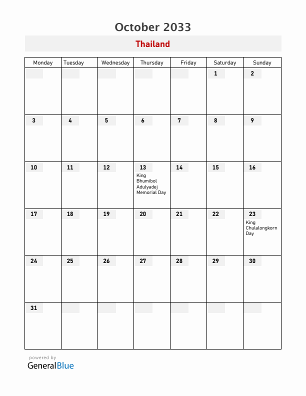 Thailand October 2033 Calendar with Holidays