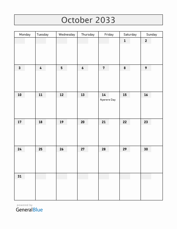 Tanzania October 2033 Calendar with Holidays