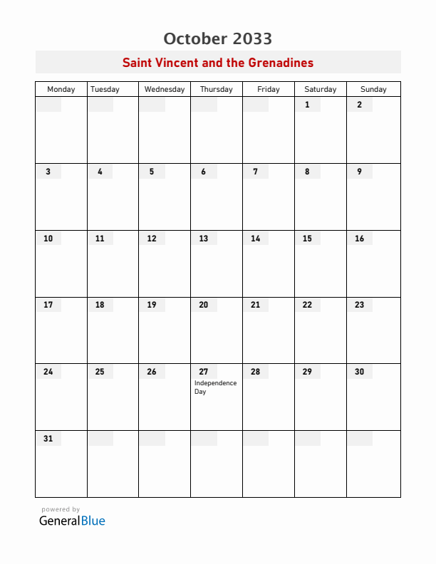 Saint Vincent and the Grenadines October 2033 Calendar with Holidays