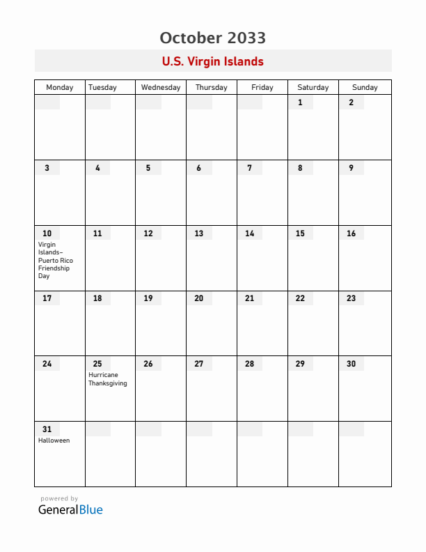 U.S. Virgin Islands October 2033 Calendar with Holidays