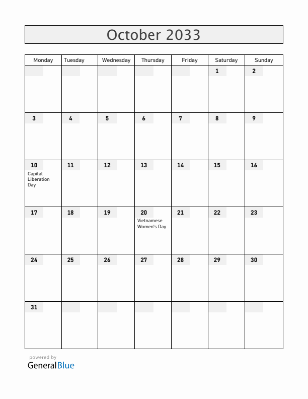 Vietnam October 2033 Calendar with Holidays