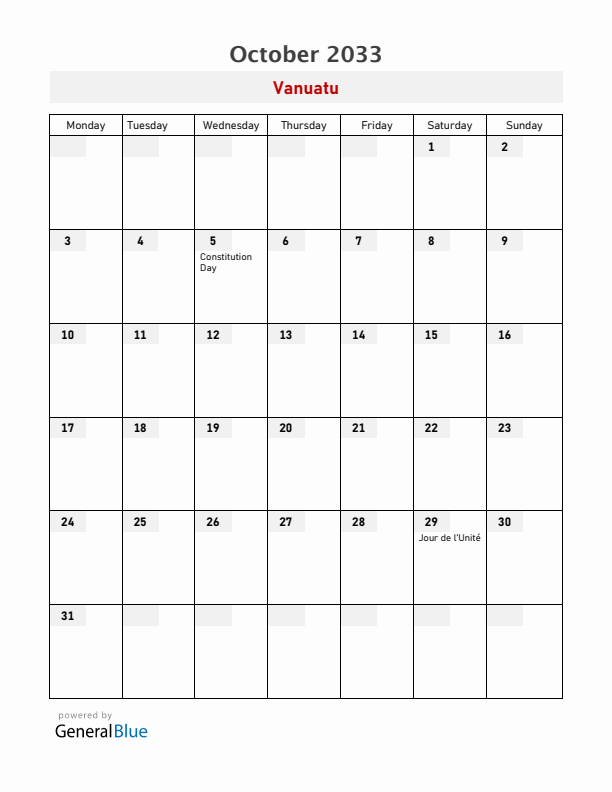 Vanuatu October 2033 Calendar with Holidays