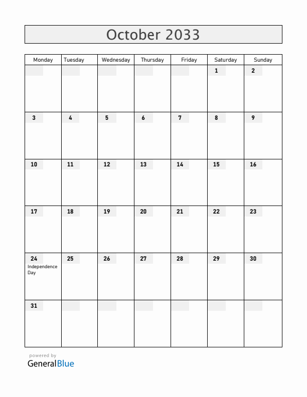 Zambia October 2033 Calendar with Holidays
