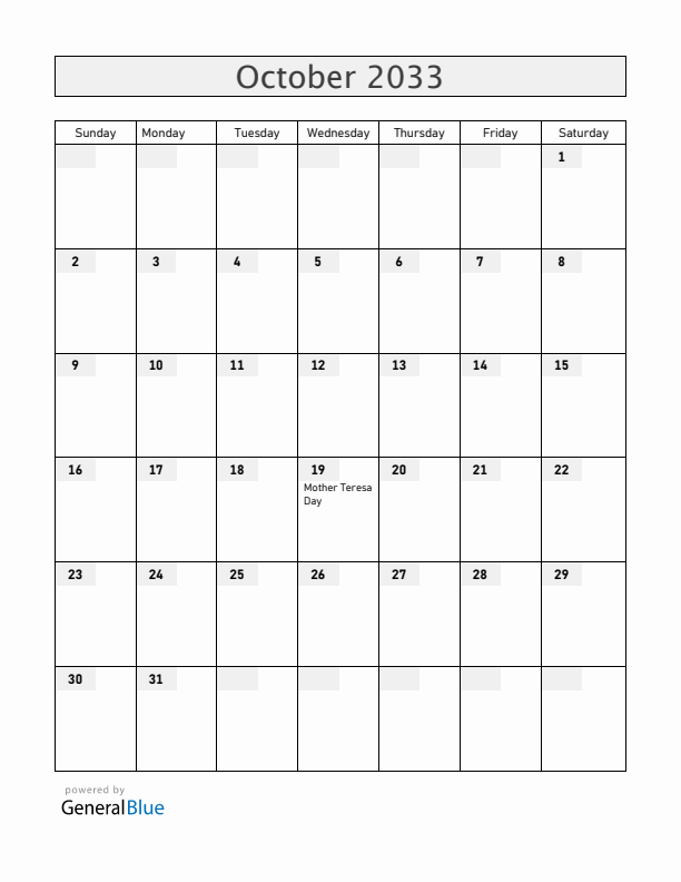 Albania October 2033 Calendar with Holidays