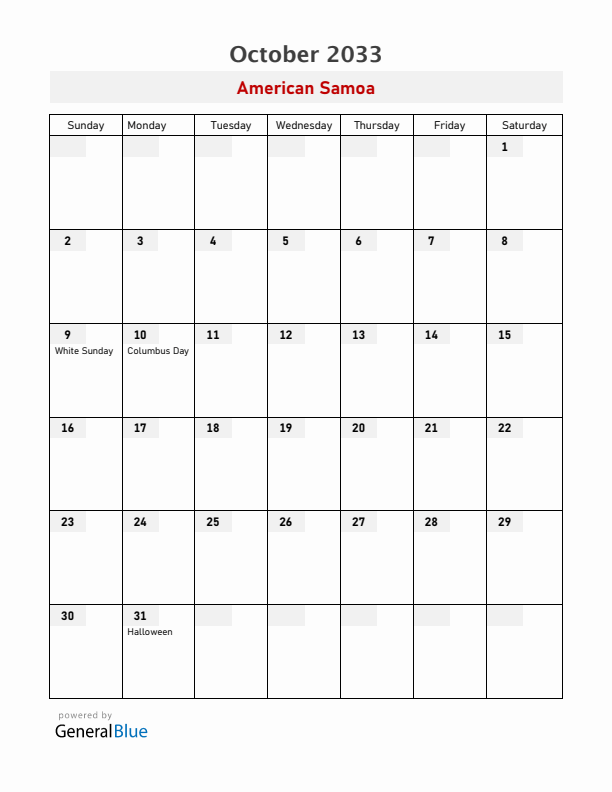 American Samoa October 2033 Calendar with Holidays