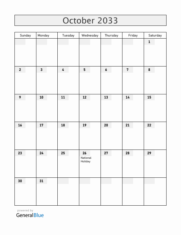 Austria October 2033 Calendar with Holidays