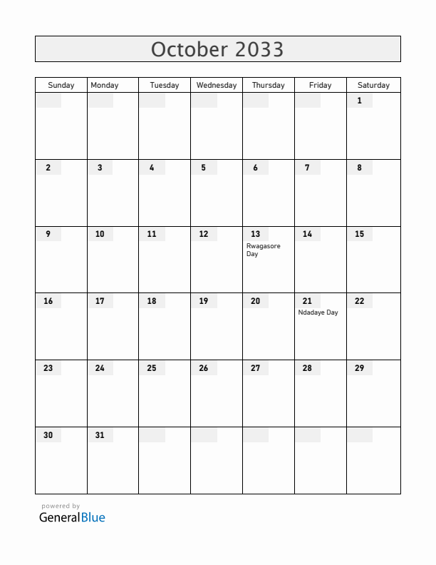 Burundi October 2033 Calendar with Holidays