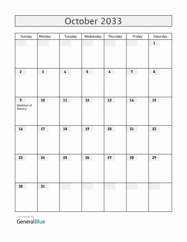 Saint Barthelemy October 2033 Calendar with Holidays