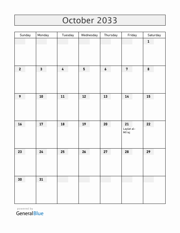 Brunei October 2033 Calendar with Holidays