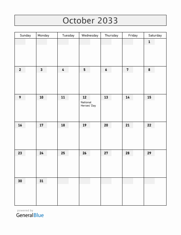 Bahamas October 2033 Calendar with Holidays