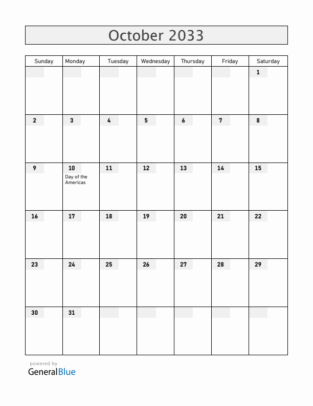 Belize October 2033 Calendar with Holidays