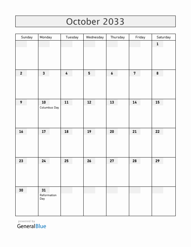 Chile October 2033 Calendar with Holidays