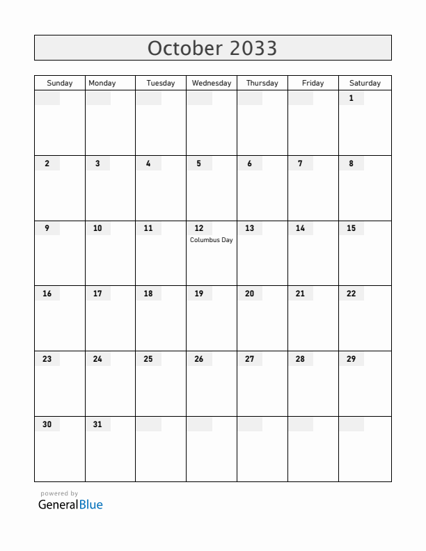Costa Rica October 2033 Calendar with Holidays